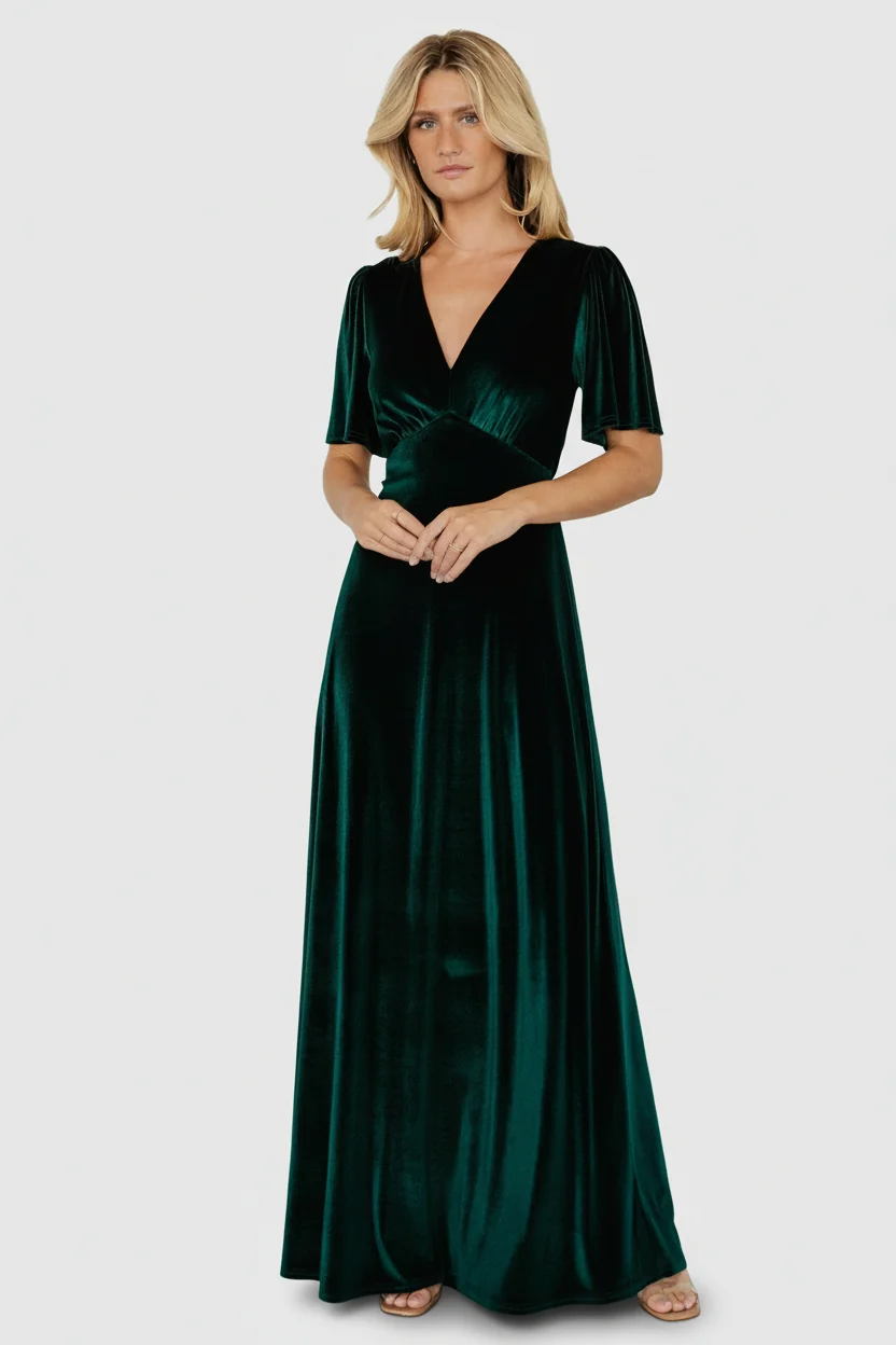Vivian Velvet Maxi Dress — Emerald V-Neck Gown 1 Vivian Velvet Maxi Dress — Emerald V-Neck Gown