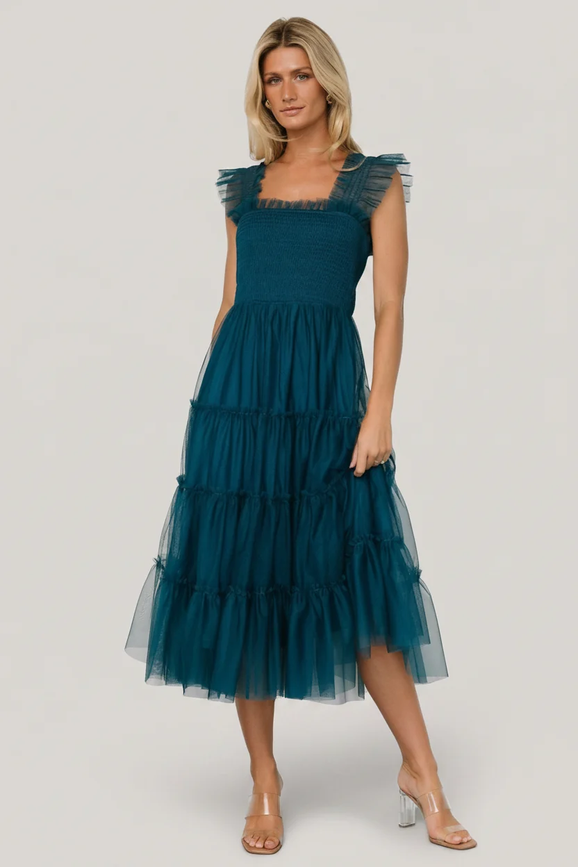 Emma Smocked Tulle Midi Dress — Teal 14 Emma Smocked Tulle Midi Dress — Teal