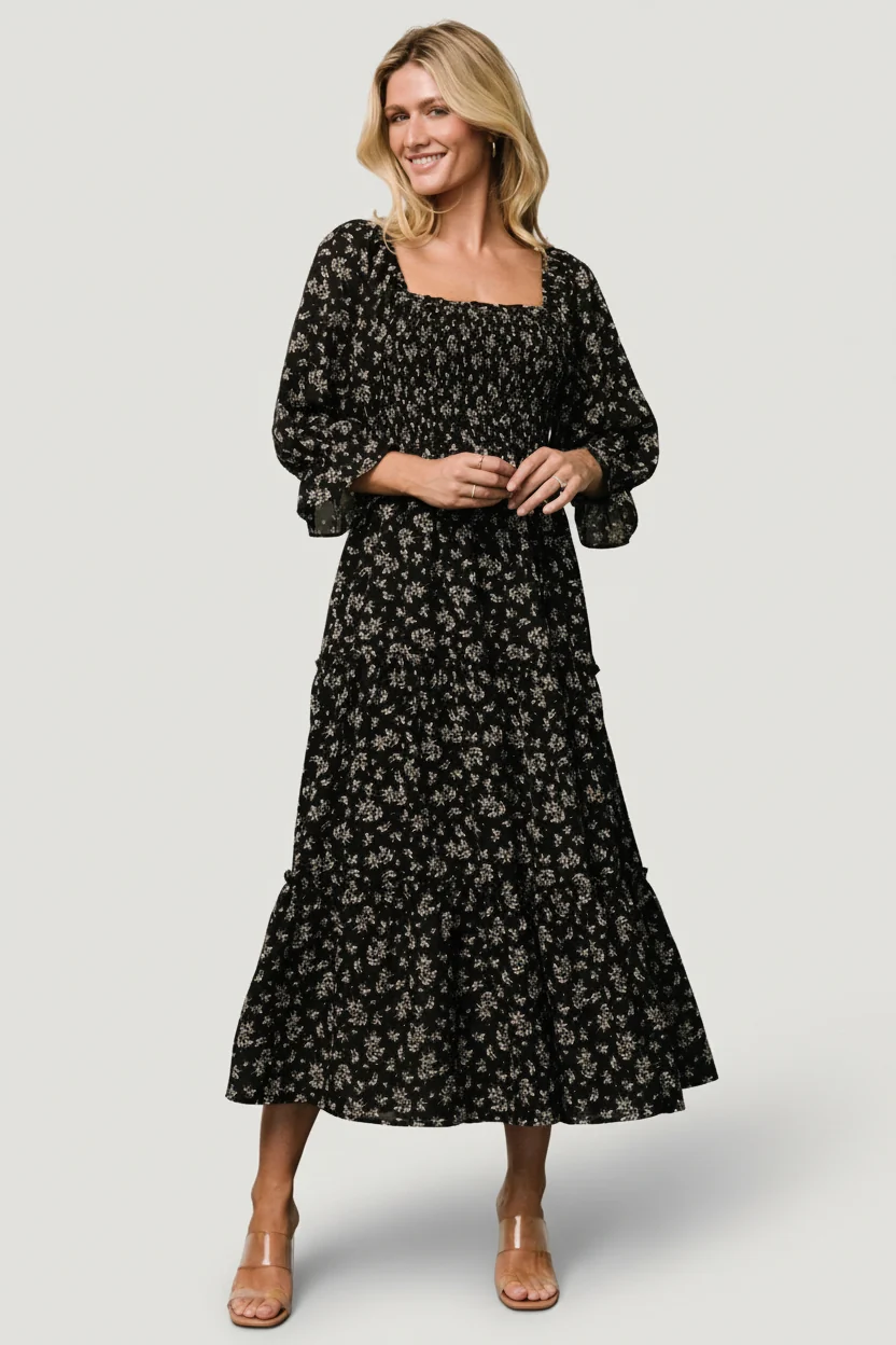 Margareta Tiered Midi Dress — Black Floral
