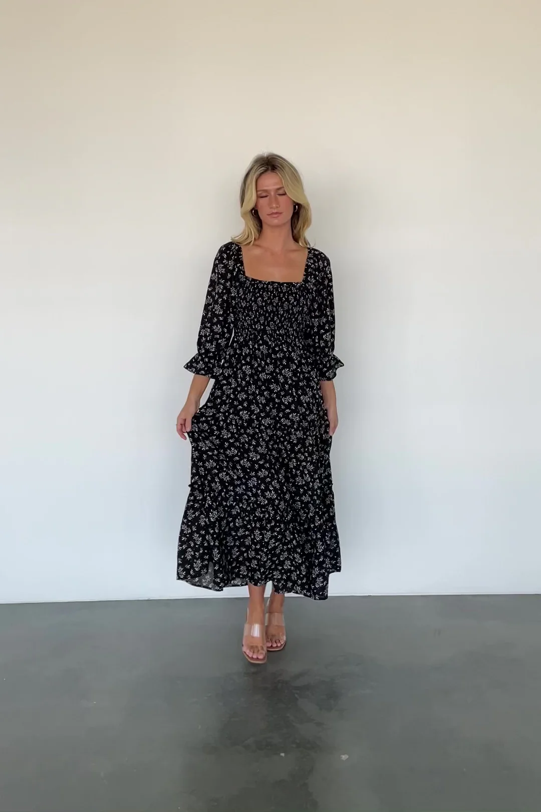 Margareta Tiered Midi Dress — Black Floral