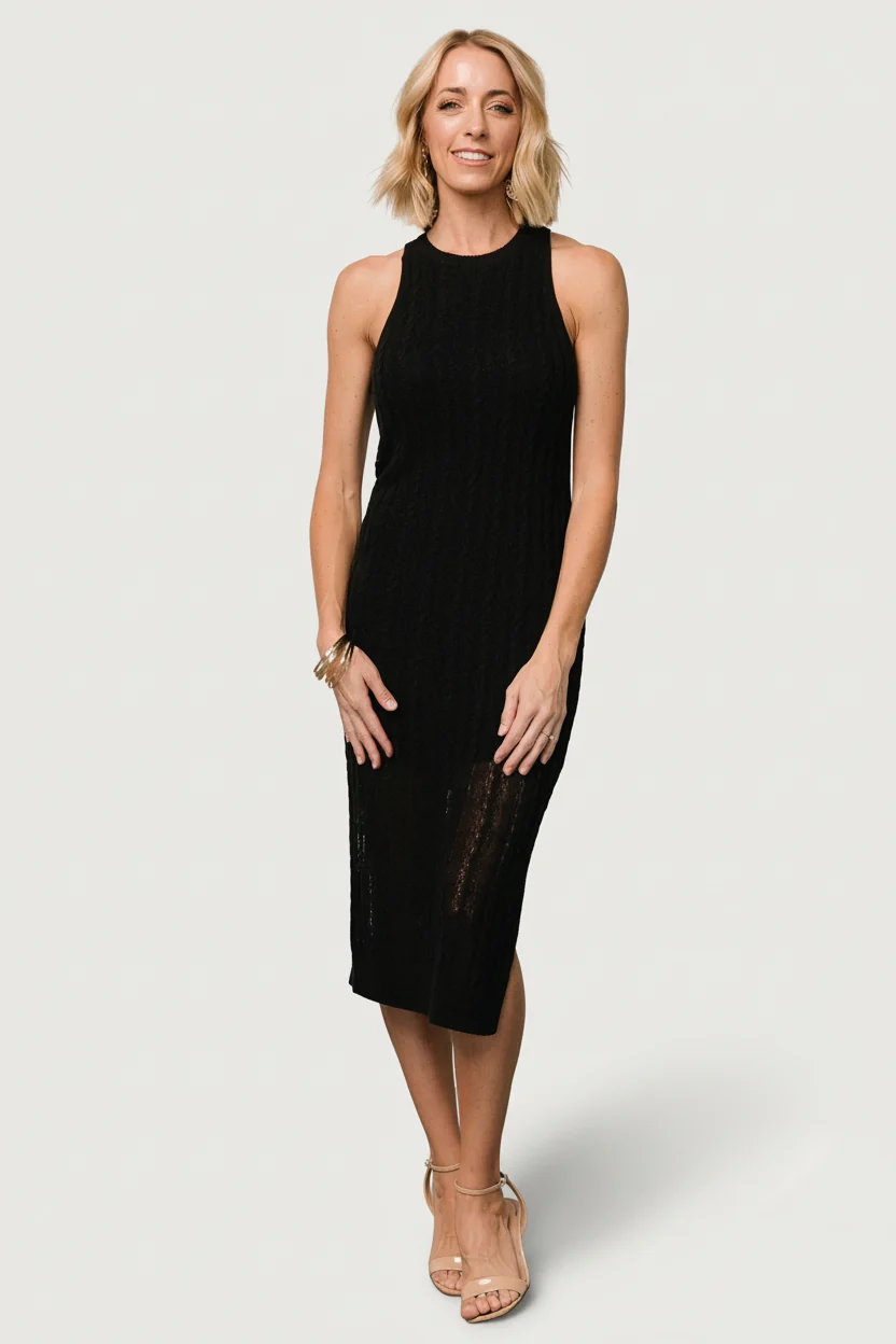 Nalani Knit Tank Dress — Cable Sheath, Black