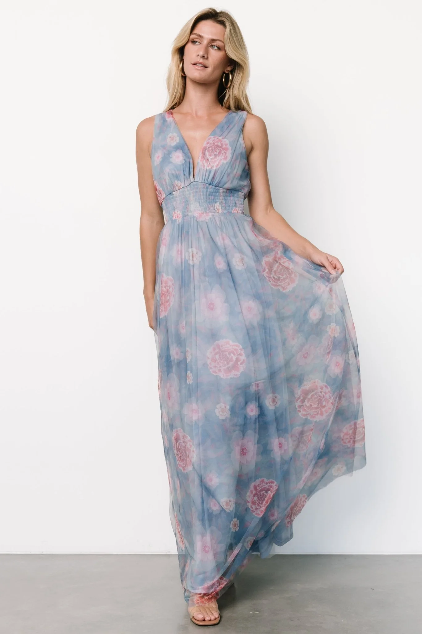 Kamila Tulle Maxi Dress — Light Blue & Pink Floral