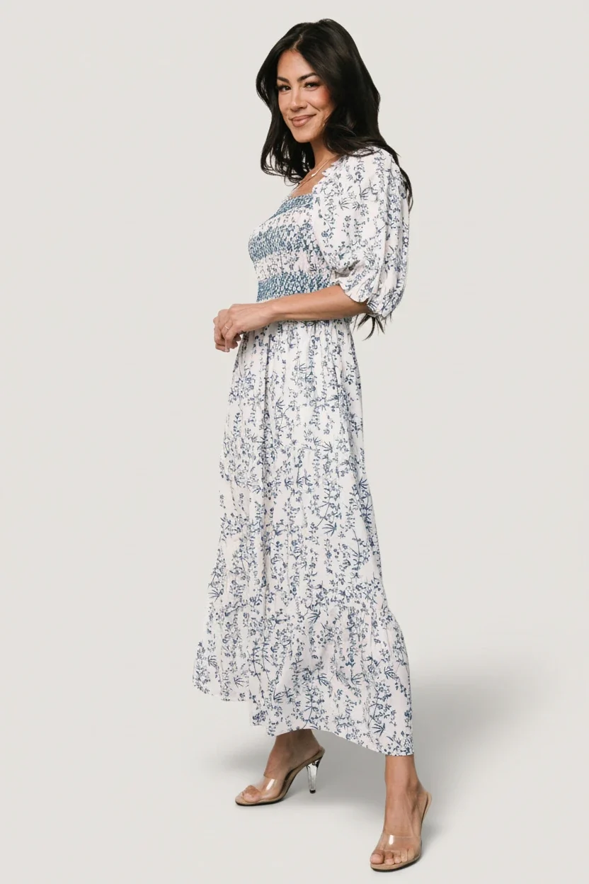 Tulsa Smocked Dress - Off White & Blue