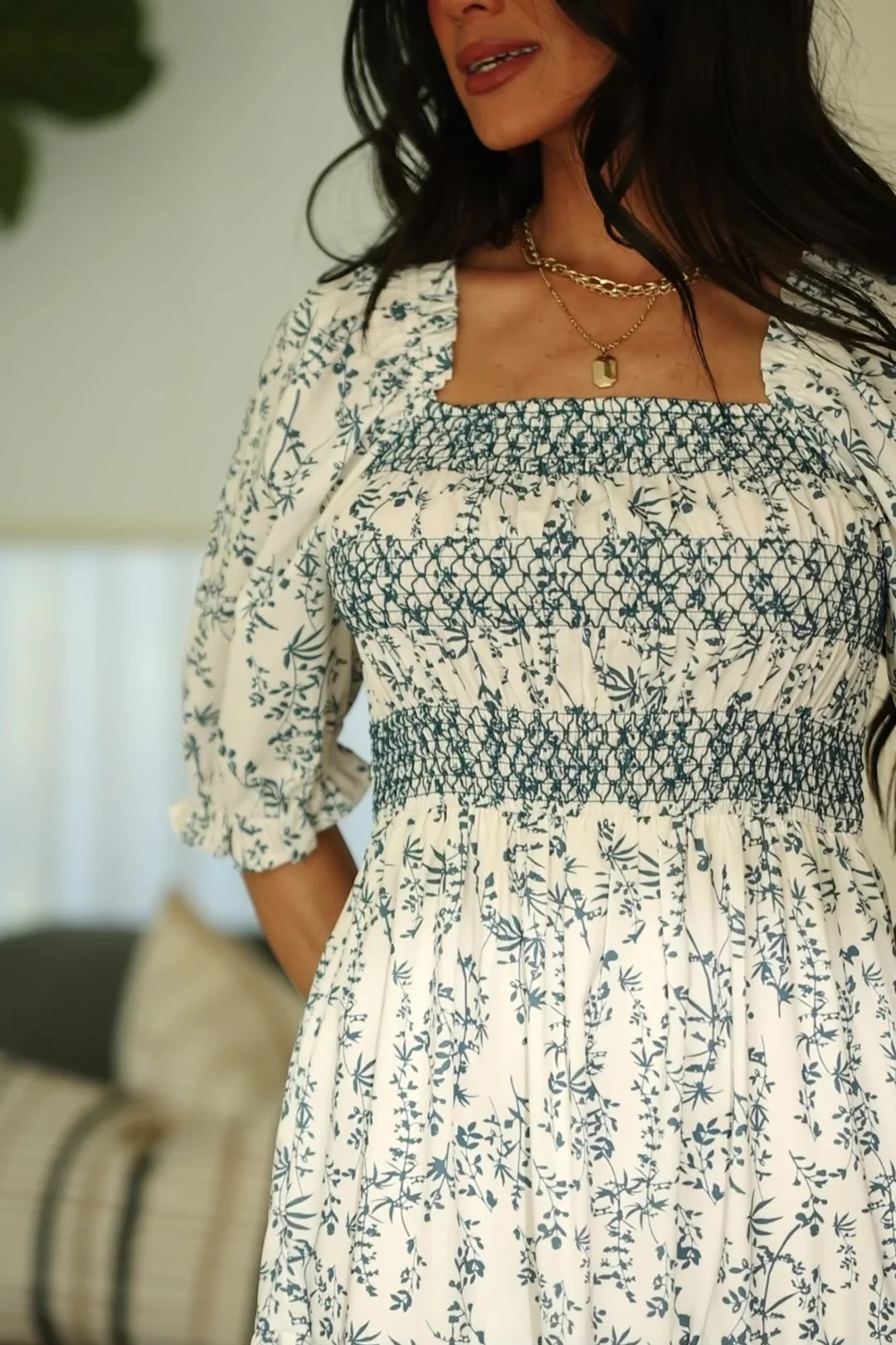 Tulsa Smocked Dress - Off White & Blue