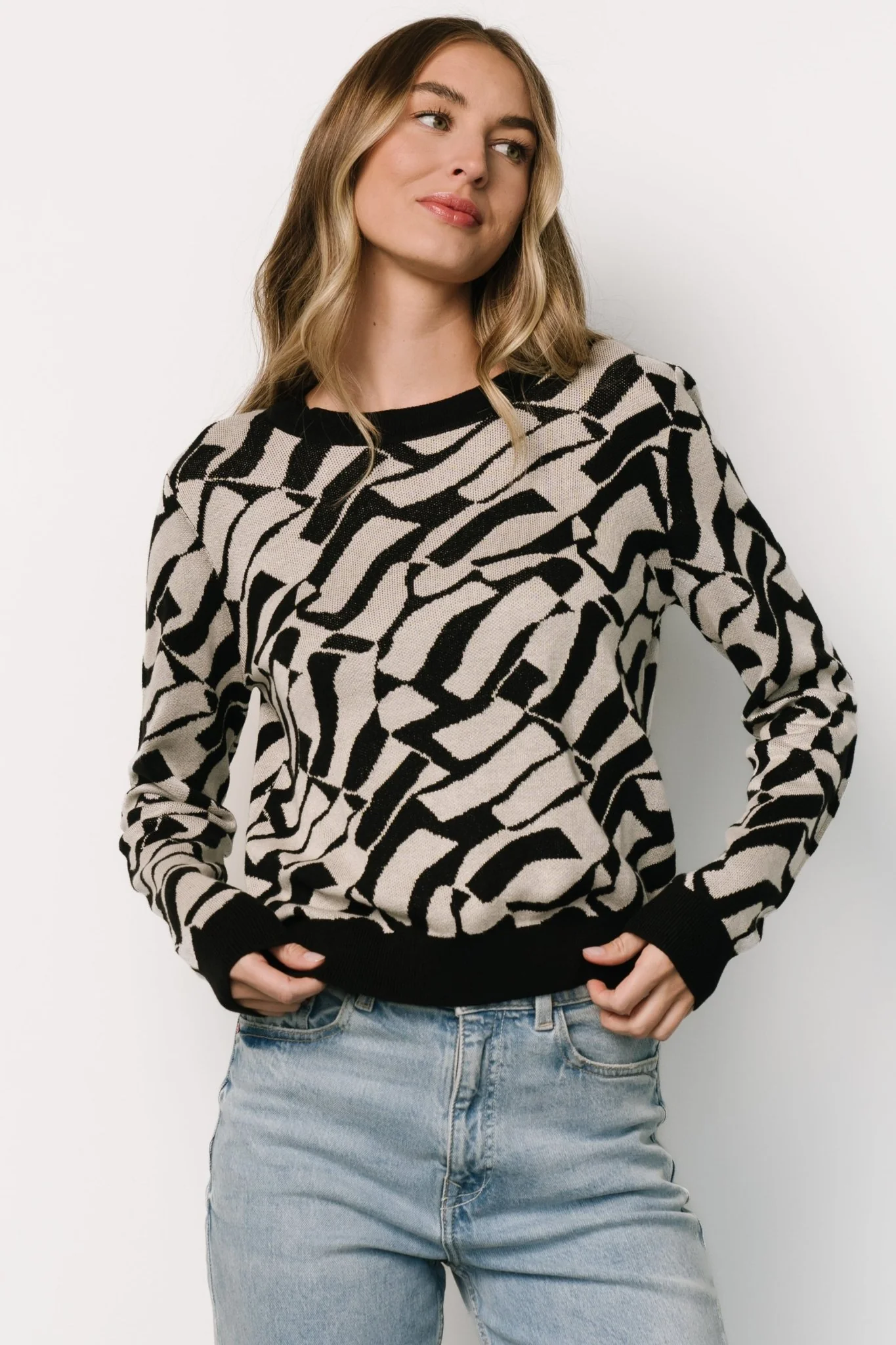 Petra Knit Sweater Top, Black + Ivory