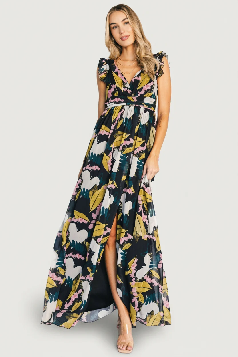 Esperanza Maxi Dress - Black Multi V-Neck