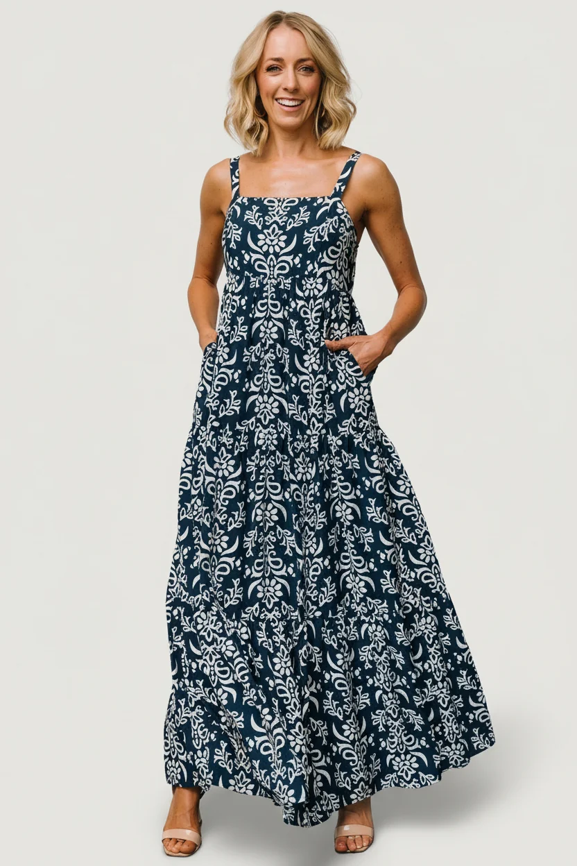Oceanside Maxi Dress - Navy Print, Rayon Lined