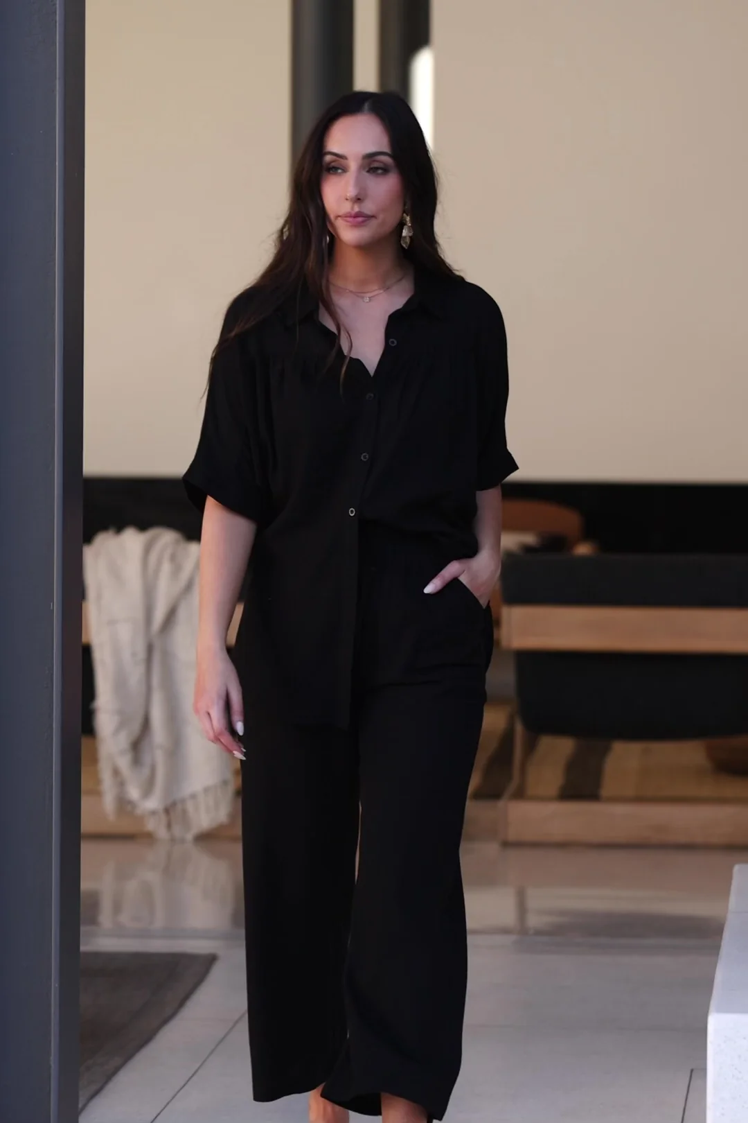 Romy Button Top — Linen-Blend V-Neck