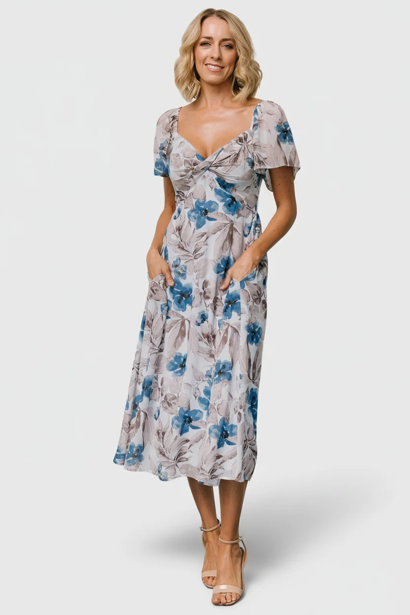Melinda Midi Dress — Blue Floral Chiffon Midi