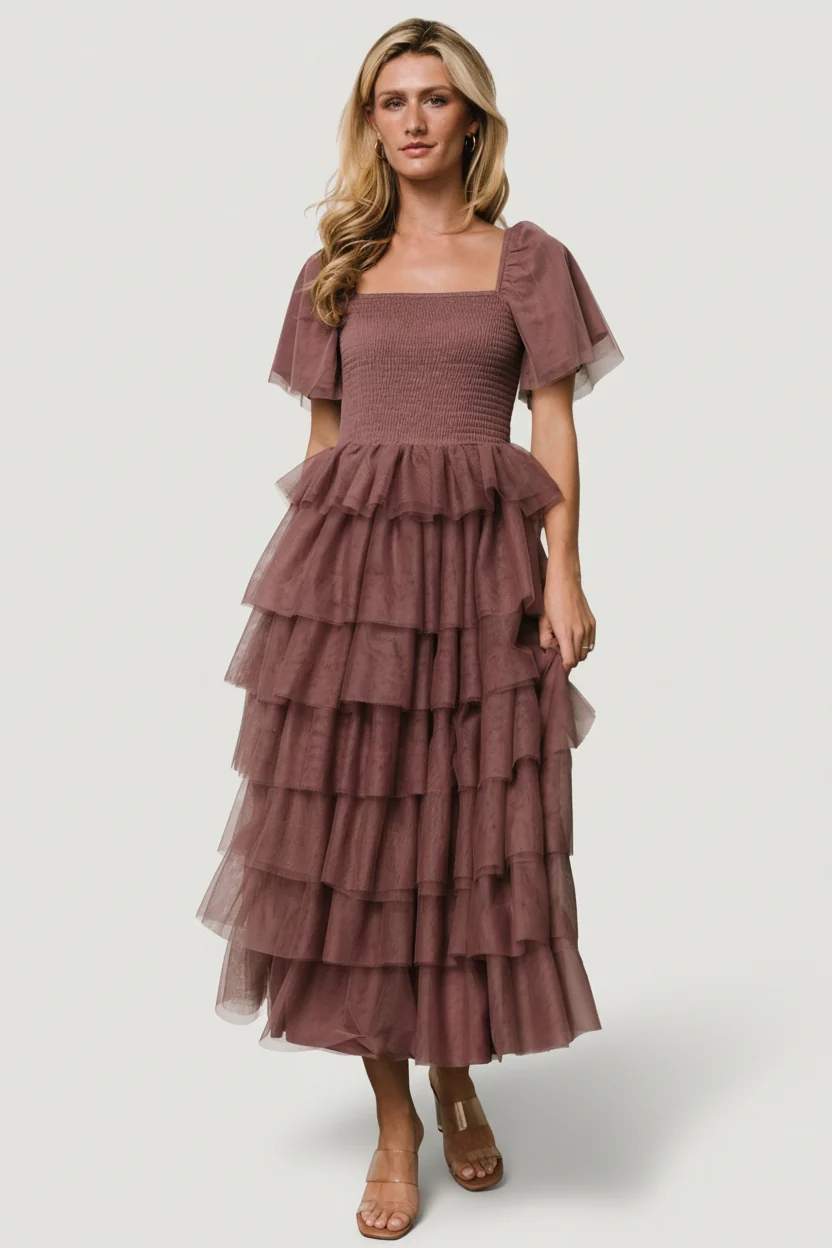 Cherise Tulle Tiered Dress, Dusty Lavender