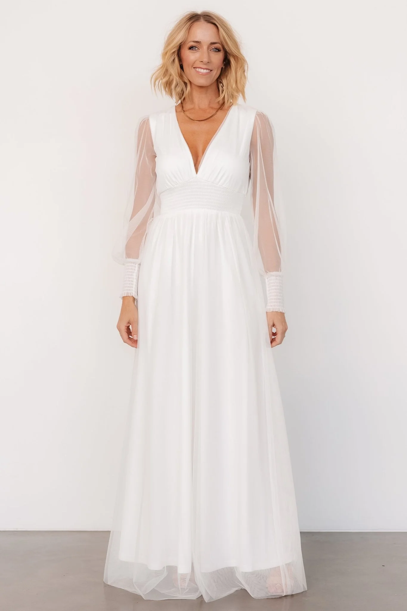 Layla Tulle Maxi Dress — White Smocked Waist