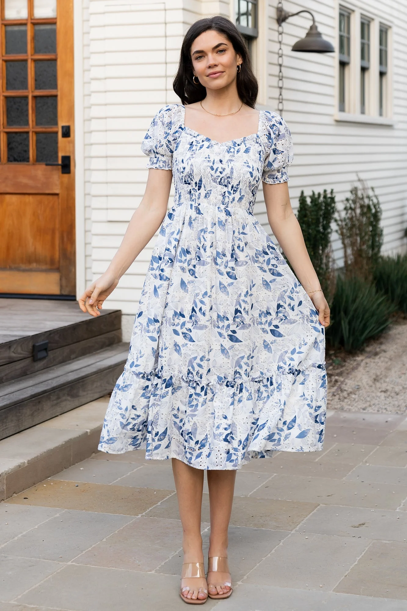 Piper Eyelet Dress - Off-White & Blue Floral
