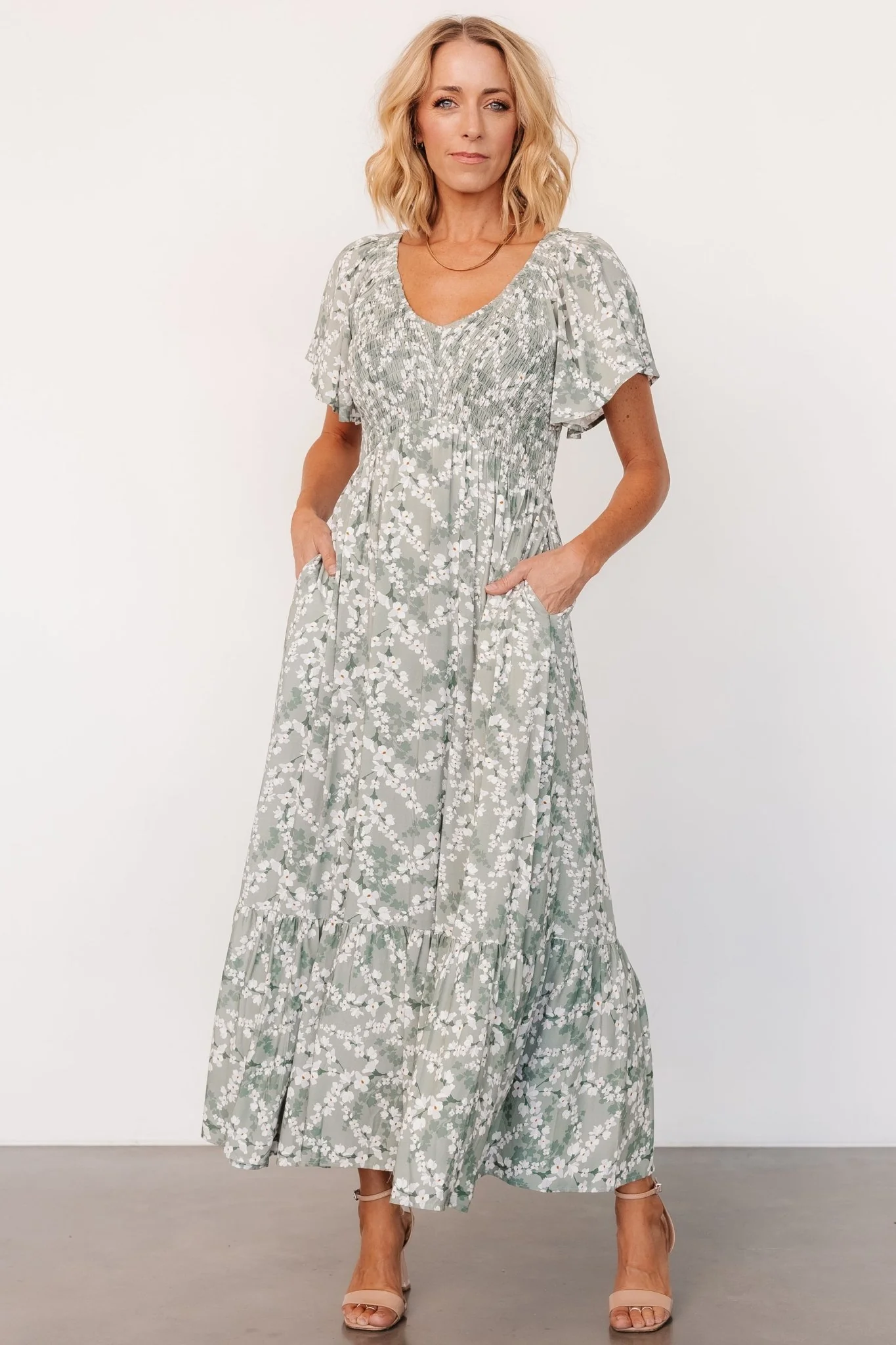 Joanie Smocked Midi Dress — Sage Floral