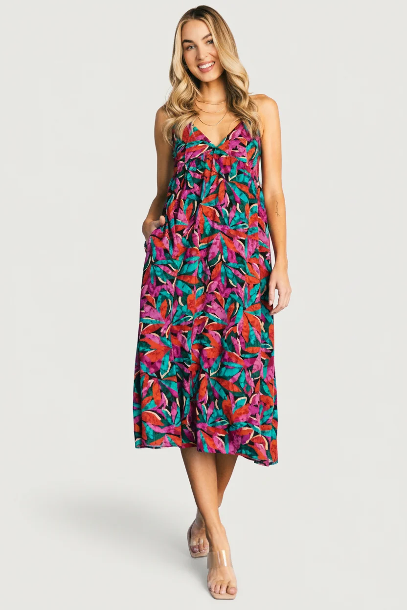 Granada Midi Dress — Multi Print V-Neck Midi 1 Granada Midi Dress — Multi Print V-Neck Midi