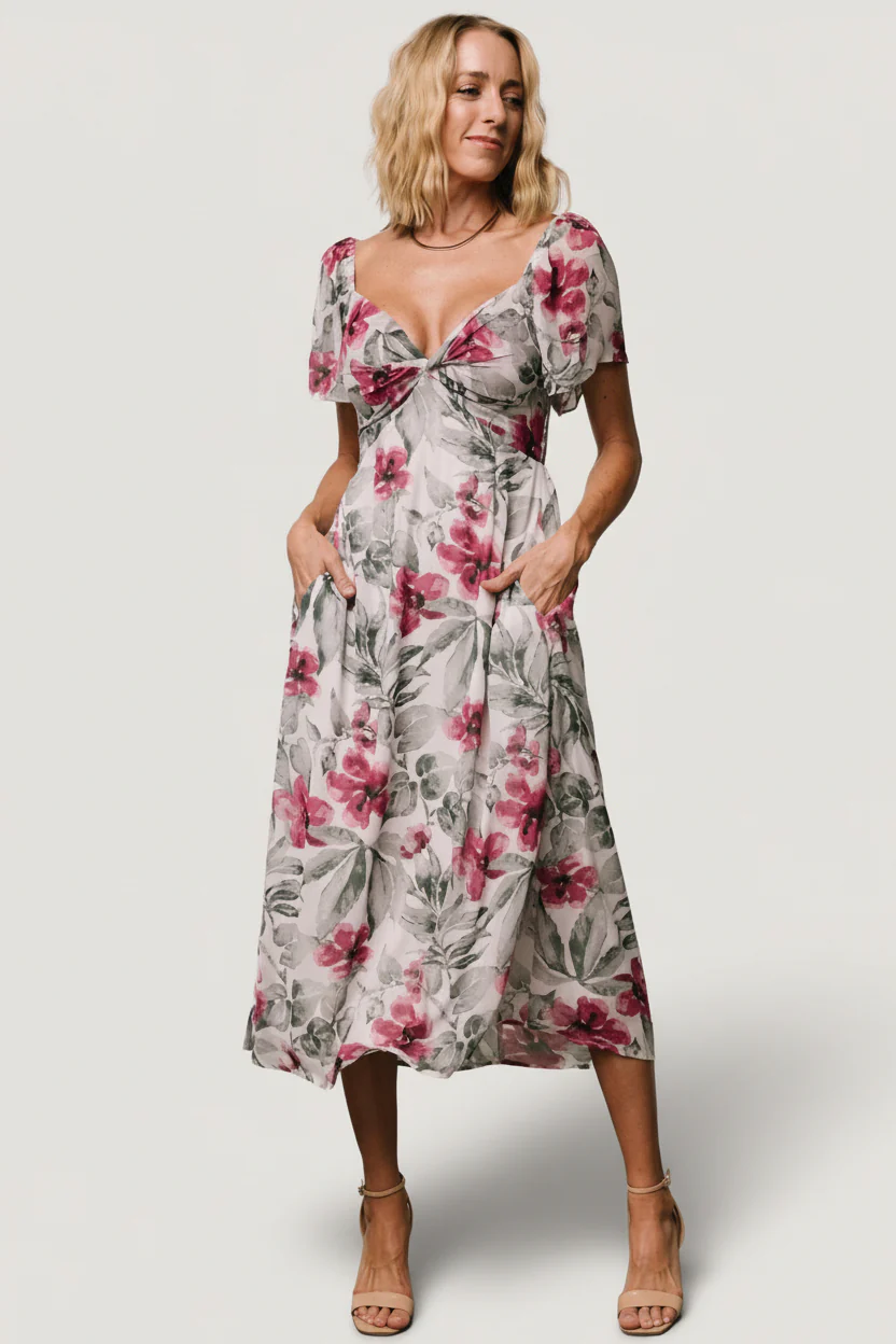 Melinda Midi Dress, Pink Floral Chiffon Midi