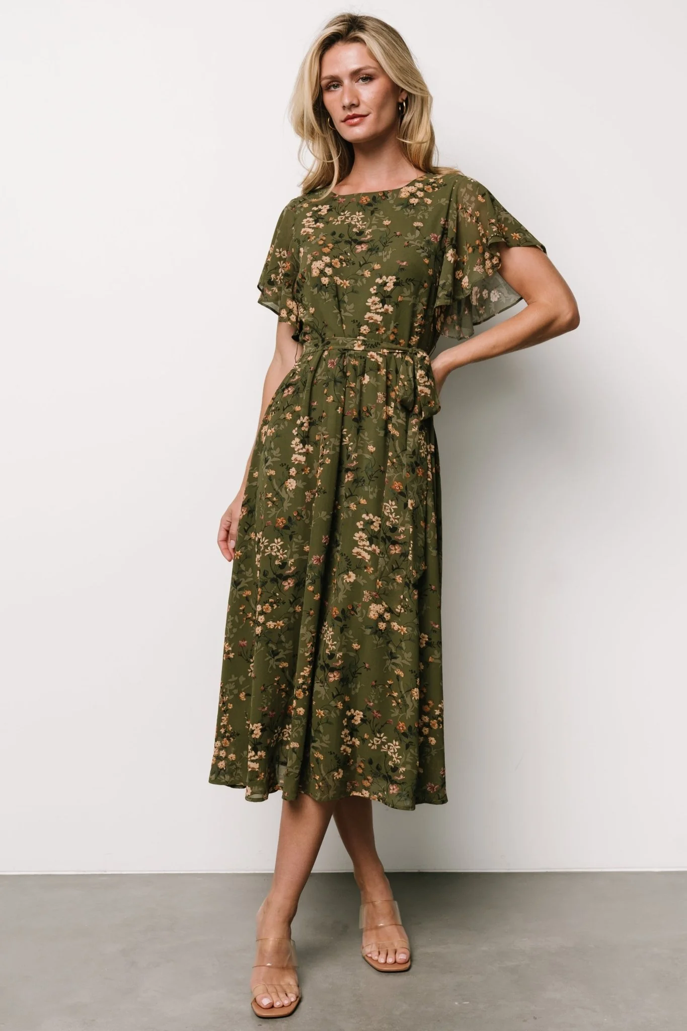 Laurel Midi Dress - Olive Floral Chiffon Midi