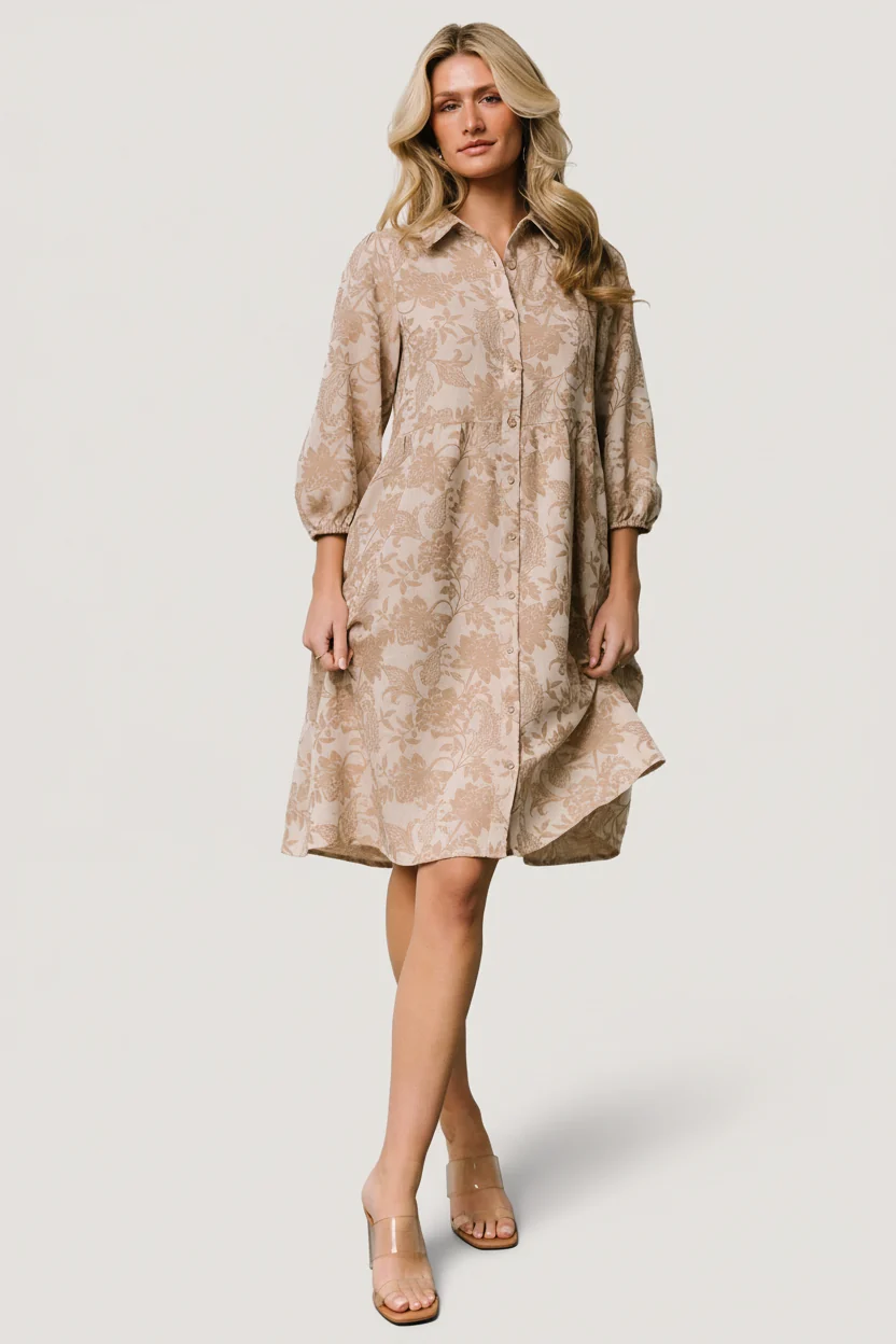 Dakota Babydoll Dress — Taupe Botanical Print