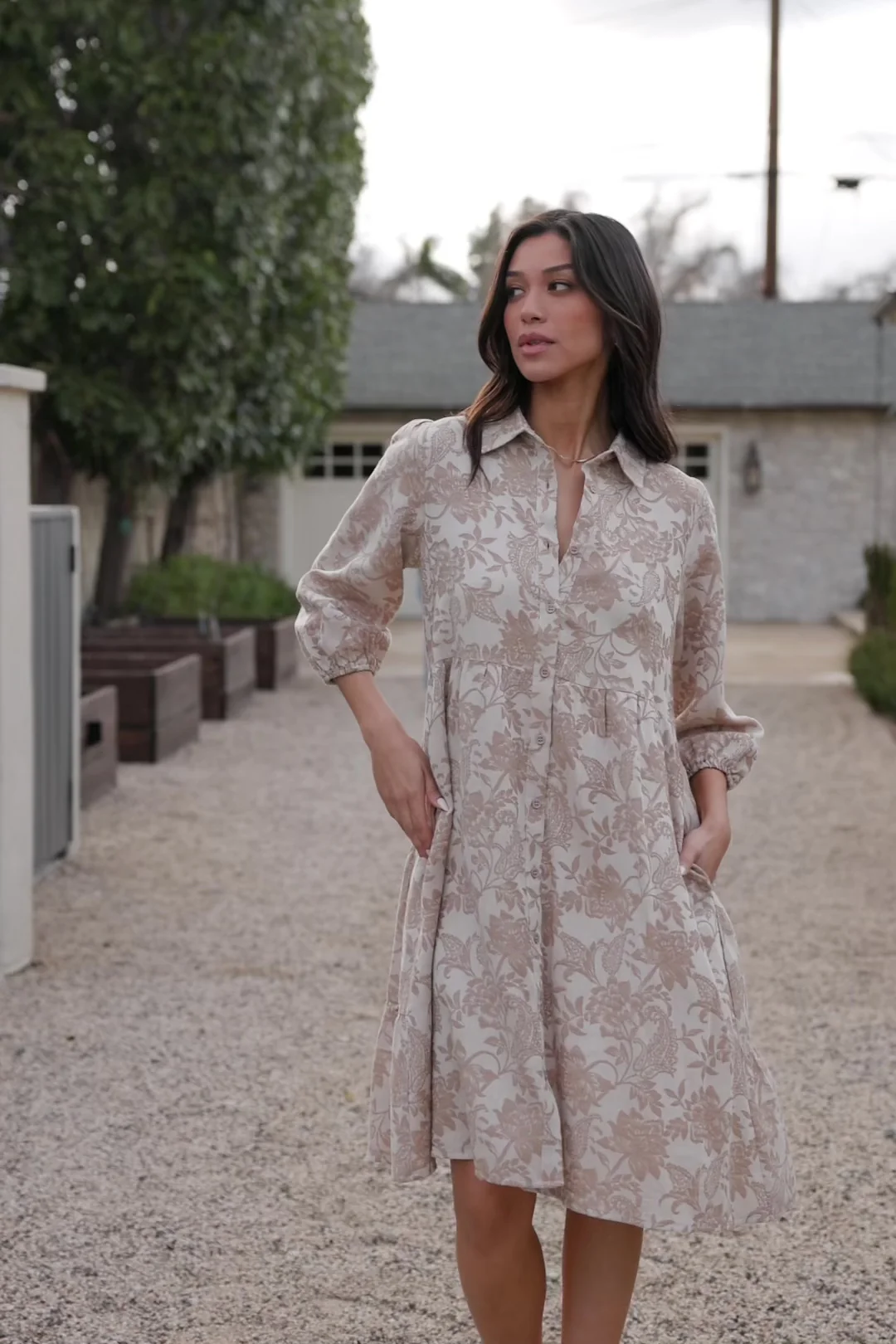 Dakota Babydoll Dress — Taupe Botanical Print