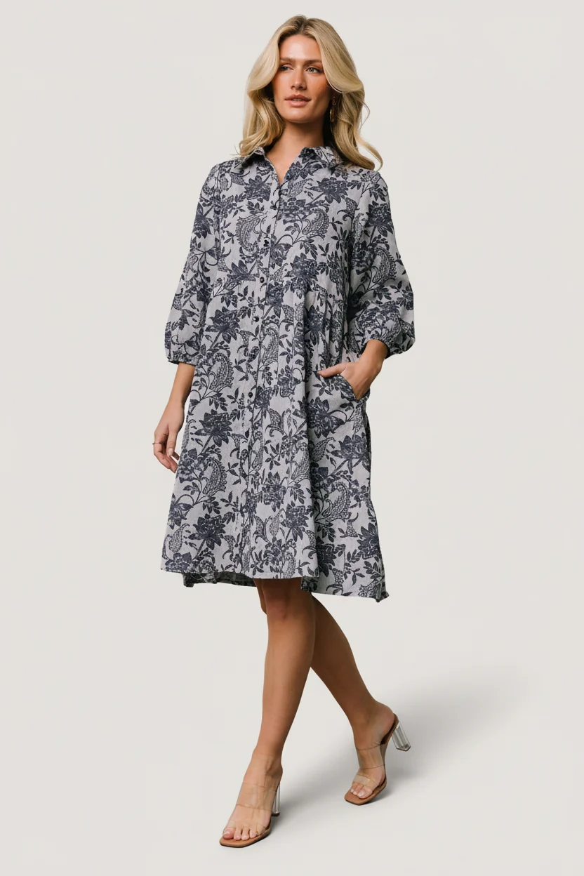 Dakota Babydoll Dress — Navy Botanical Print