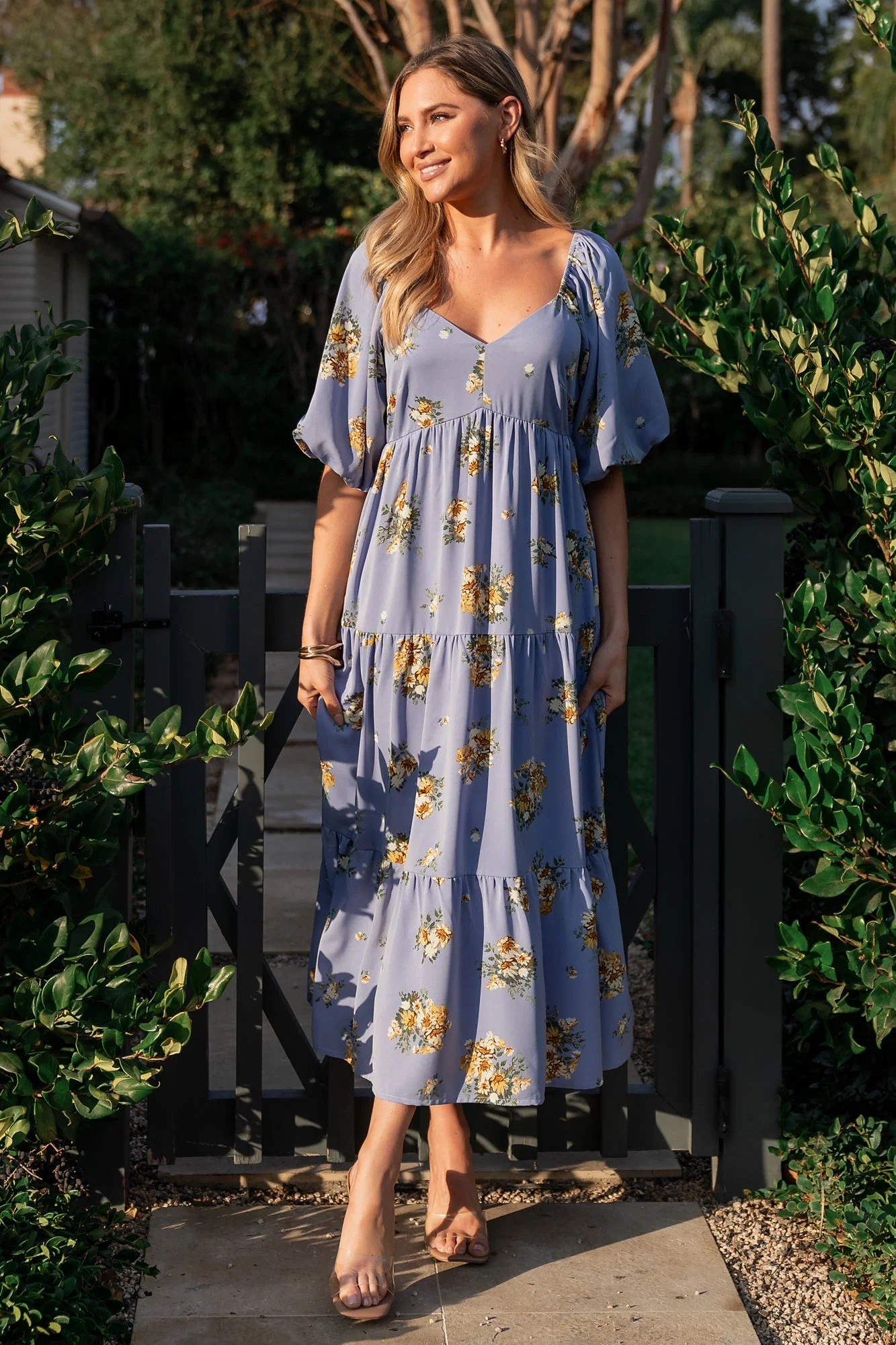 Judith Midi Dress — Blue & Golden Floral