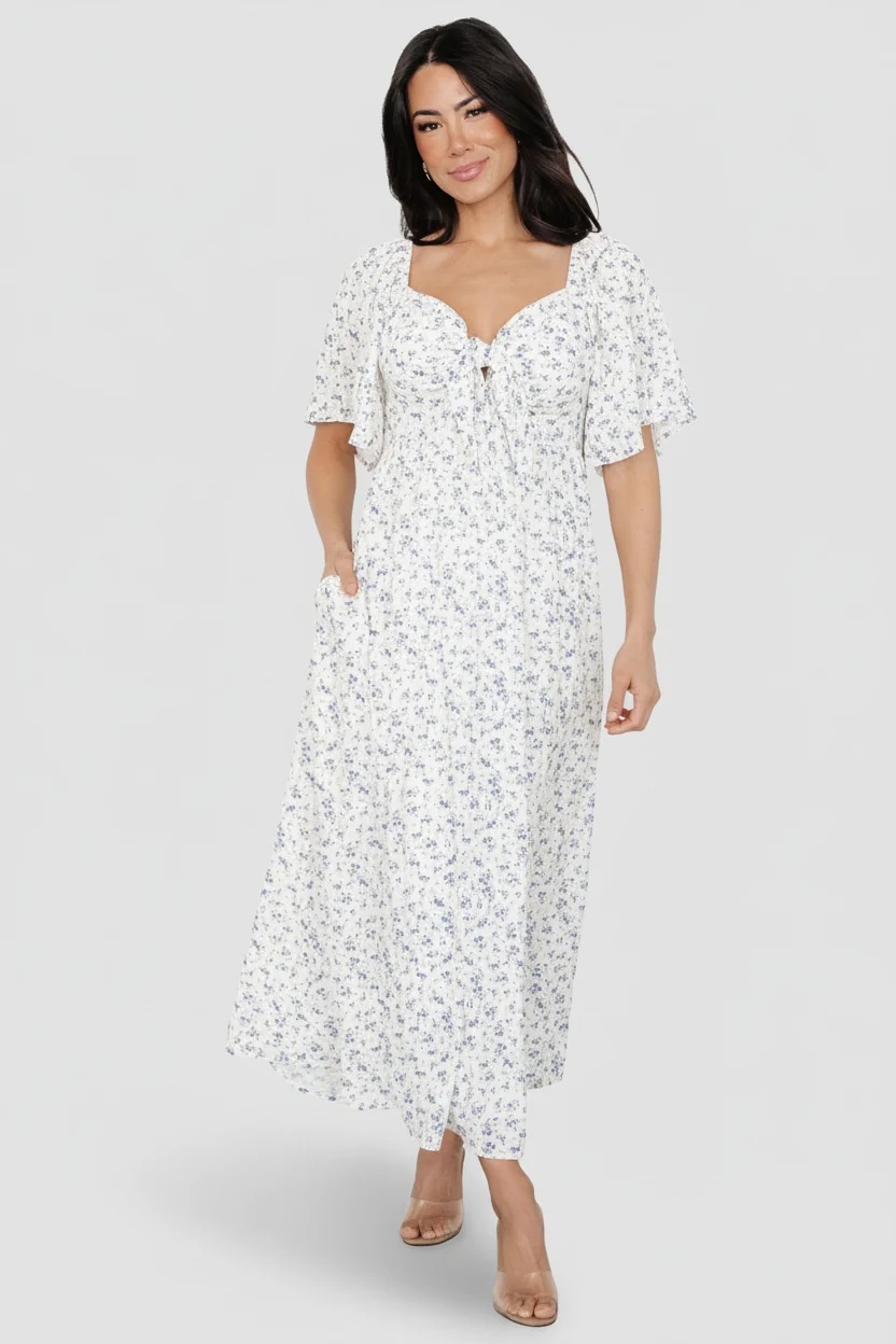 Carah Tie Dress - Off-White Lavender Midi
