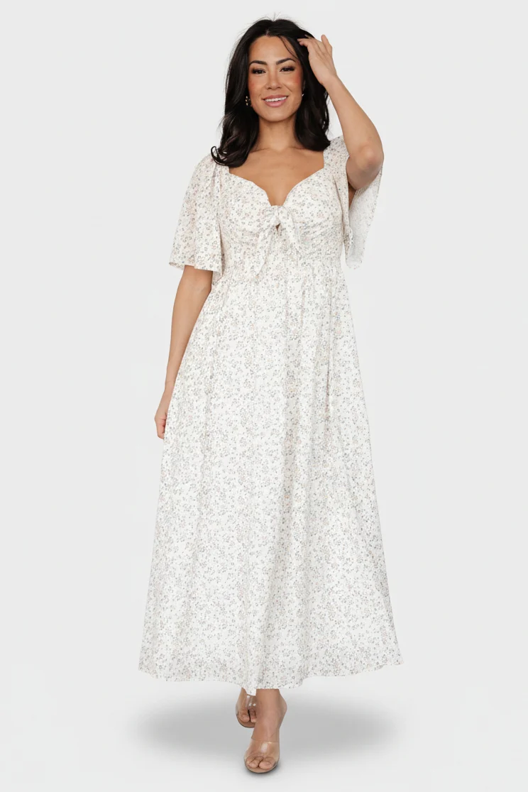 Carah Tie Dress — Off-White Gold Floral Midi
