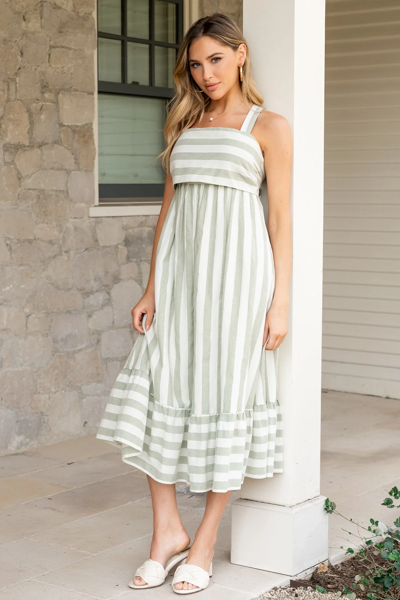 Soren Tie-Back Midi Dress — Sage Stripe