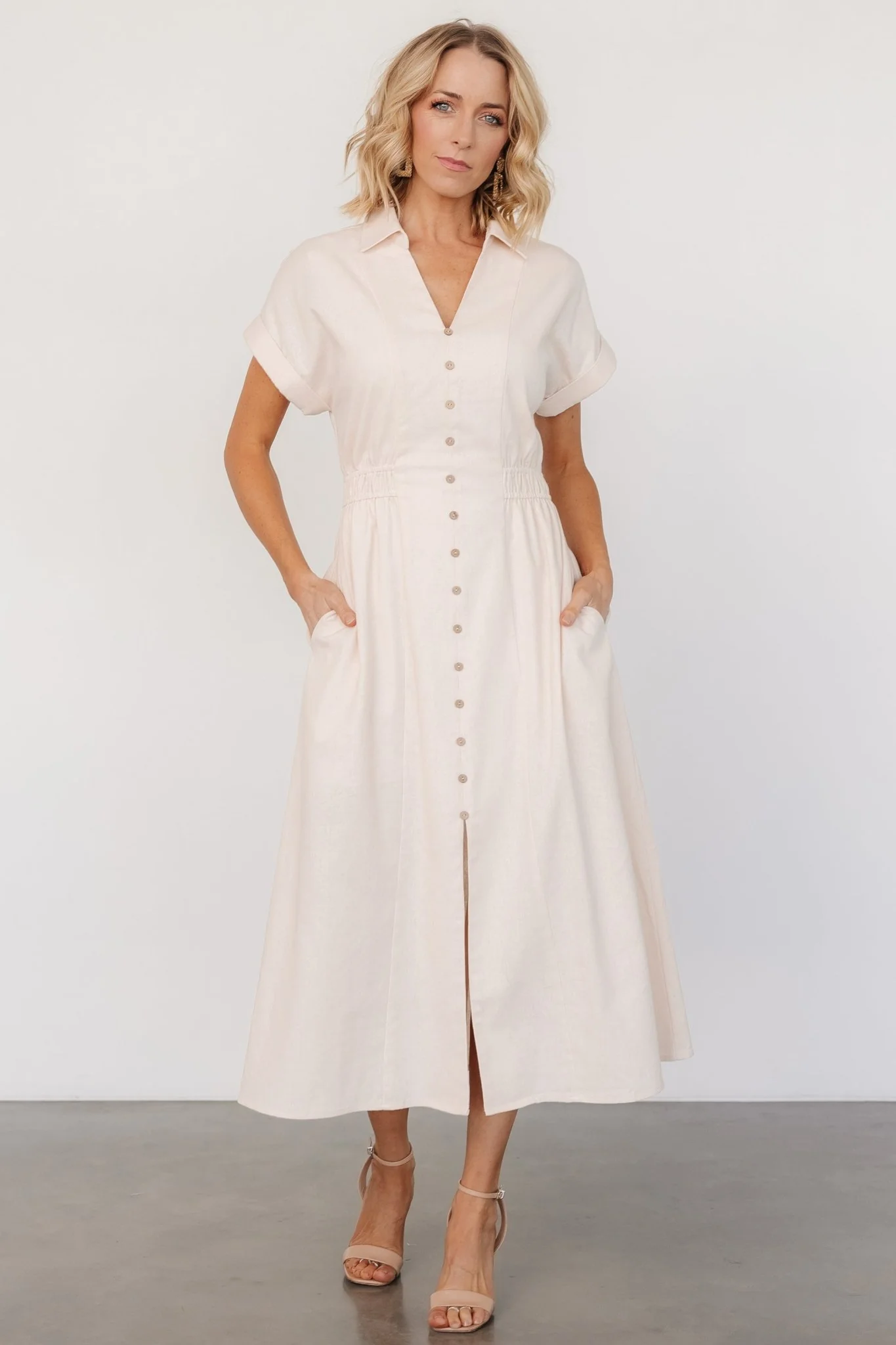 Larah Button Midi Dress - Natural Linen Blend 15 Larah Button Midi Dress - Natural Linen Blend