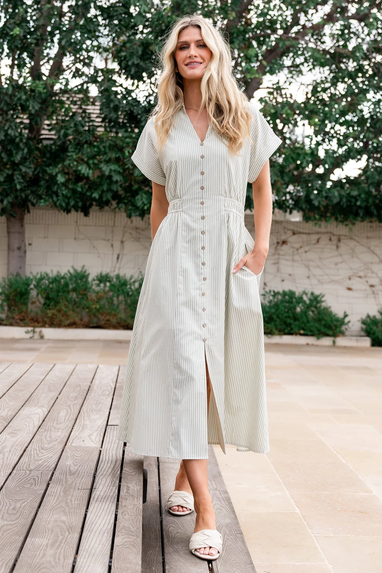 Larah Button Midi Dress - Sage Stripe 1 Larah Button Midi Dress - Sage Stripe