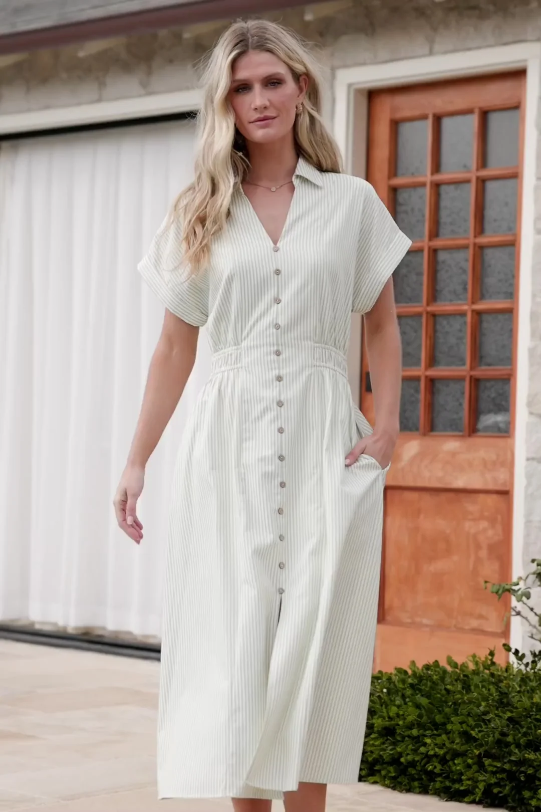 Larah Button Midi Dress - Sage Stripe 2 Larah Button Midi Dress - Sage Stripe