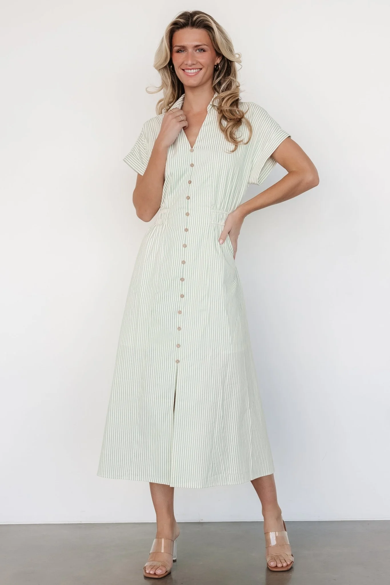 Larah Button Midi Dress - Sage Stripe 3 Larah Button Midi Dress - Sage Stripe