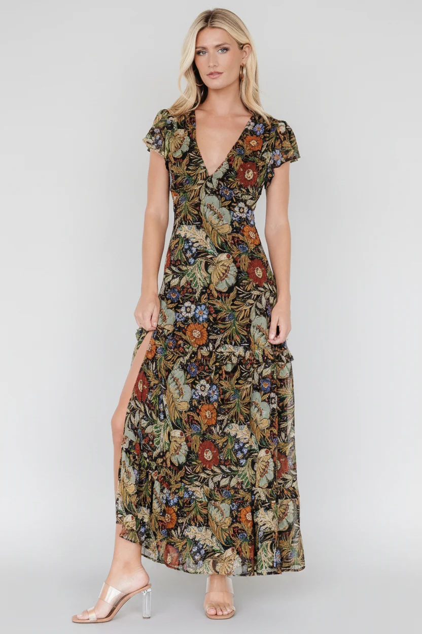Riverwood Deep V Maxi Dress — Floral Chiffon