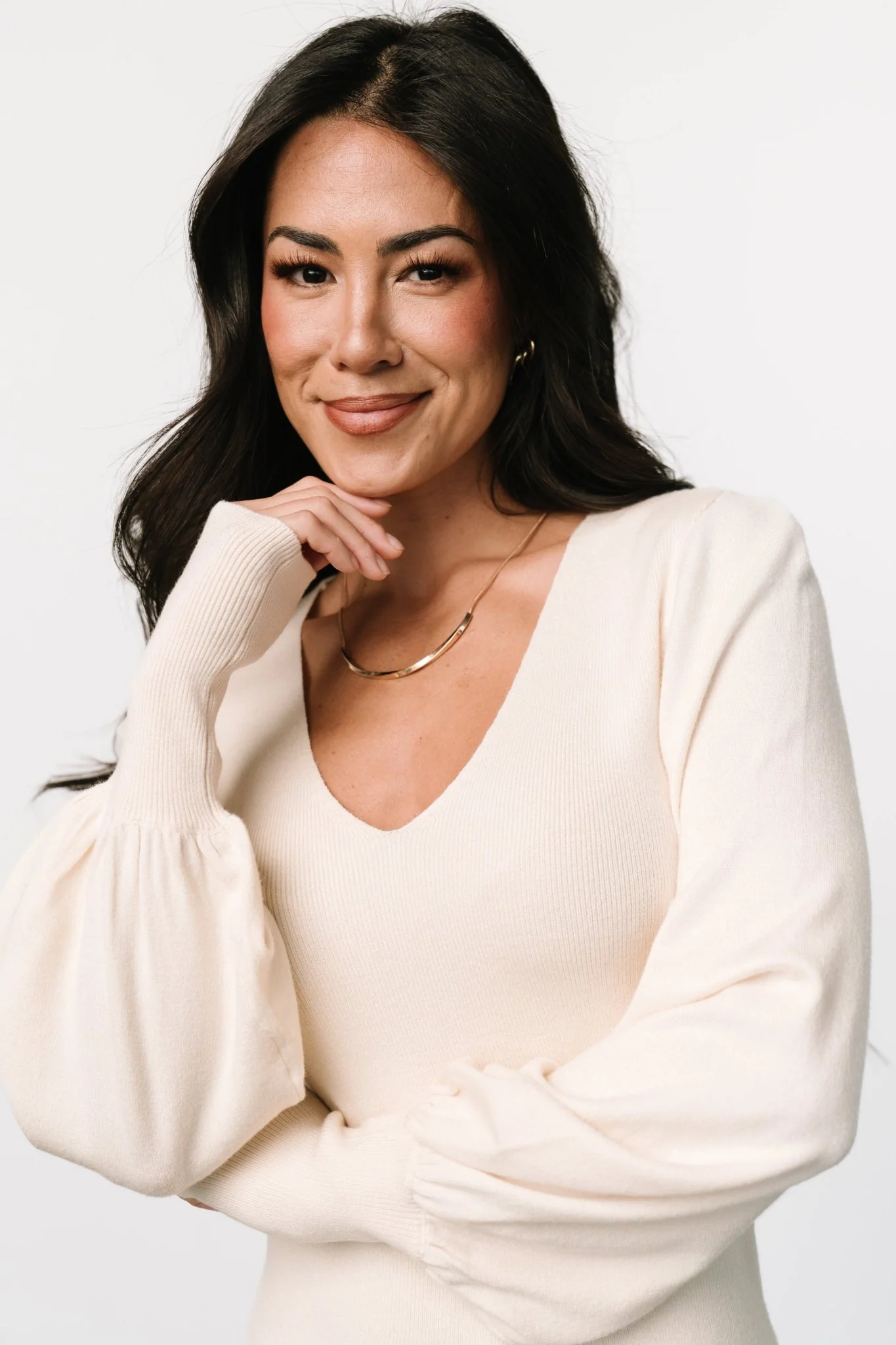 Suki V-Neck Sweater Dress, Cream Knit Blend
