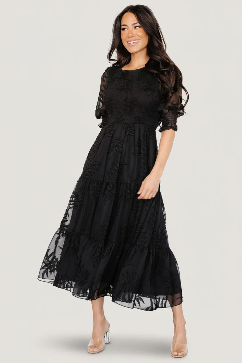 Nellie Smocked Midi Dress — Black Chiffon Midi