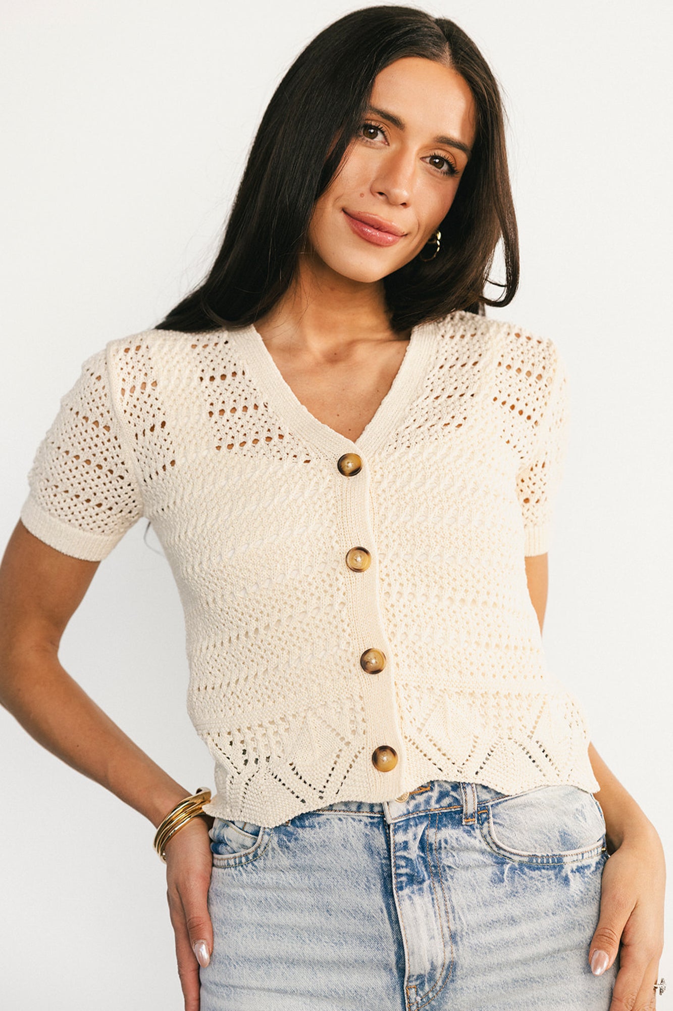 Candela Crochet Cardigan Ecru Button-Front