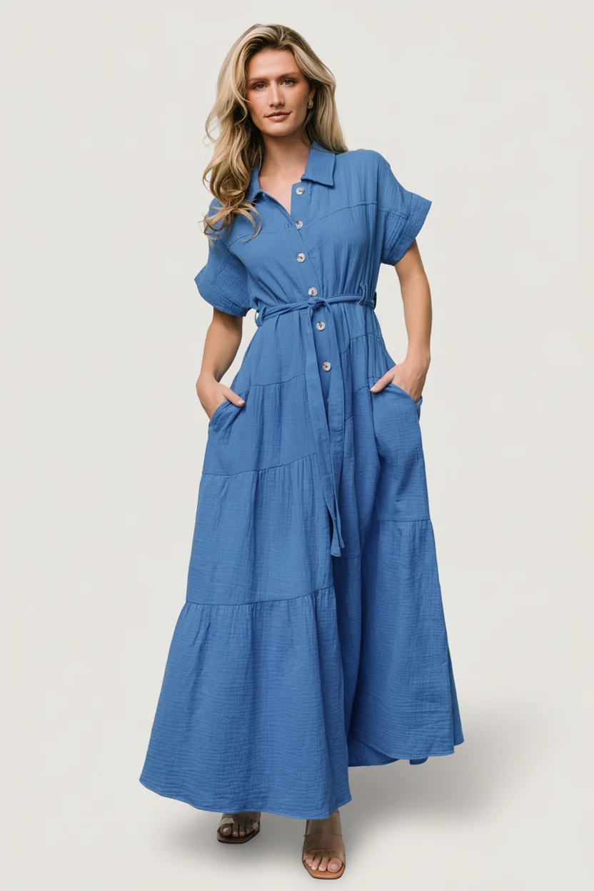 Aizey Button-Up Maxi Dress 100% Cotton Tiered