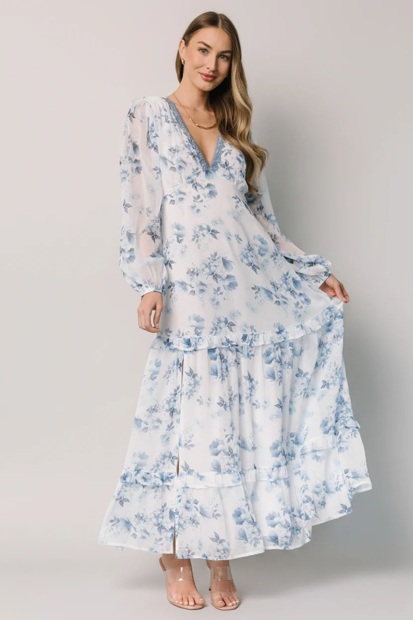 Rumi Deep V Maxi - Off White & Blue Floral