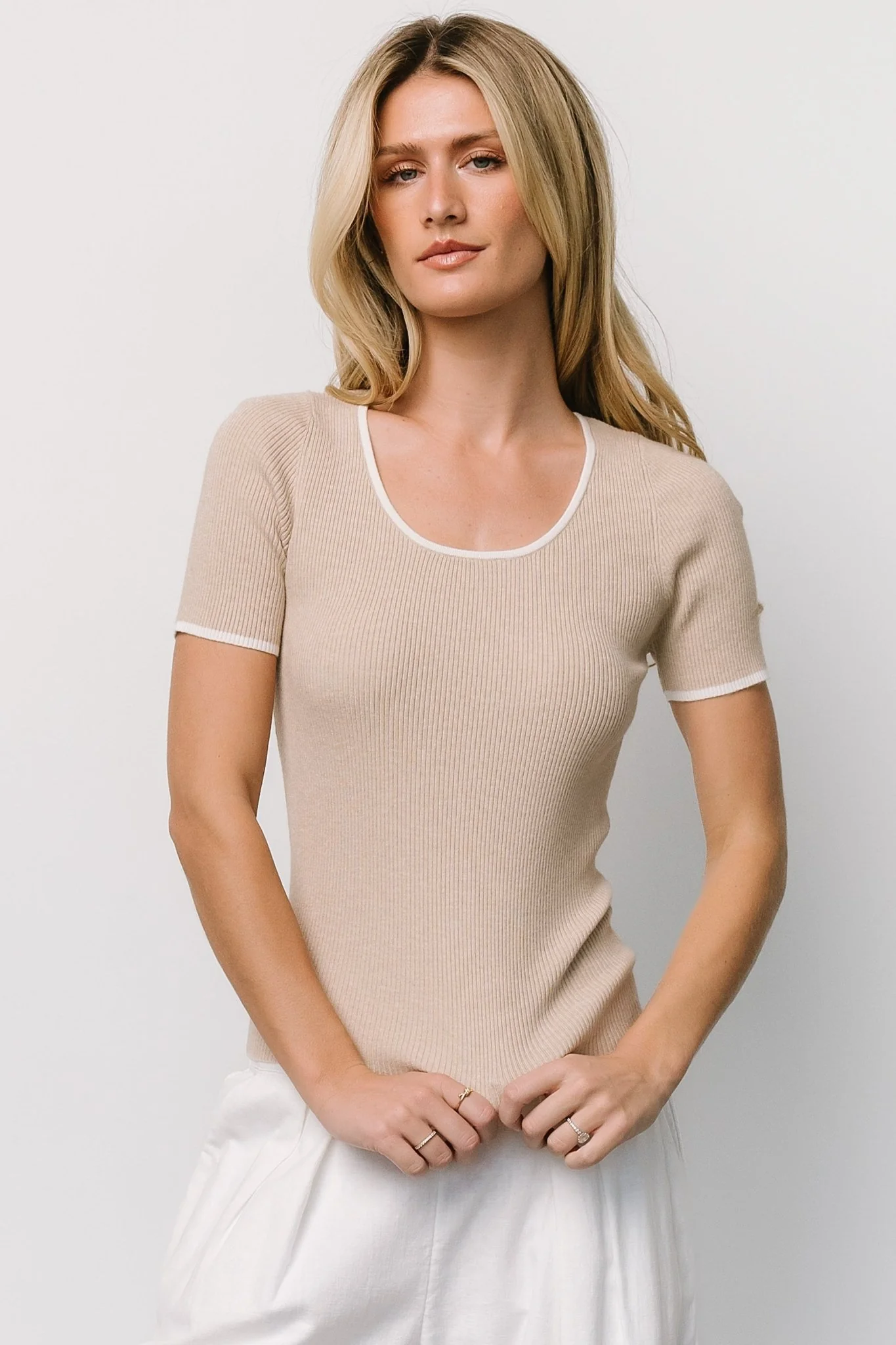 Dena Ribbed Scoop-Neck Top — Natural + Ivory