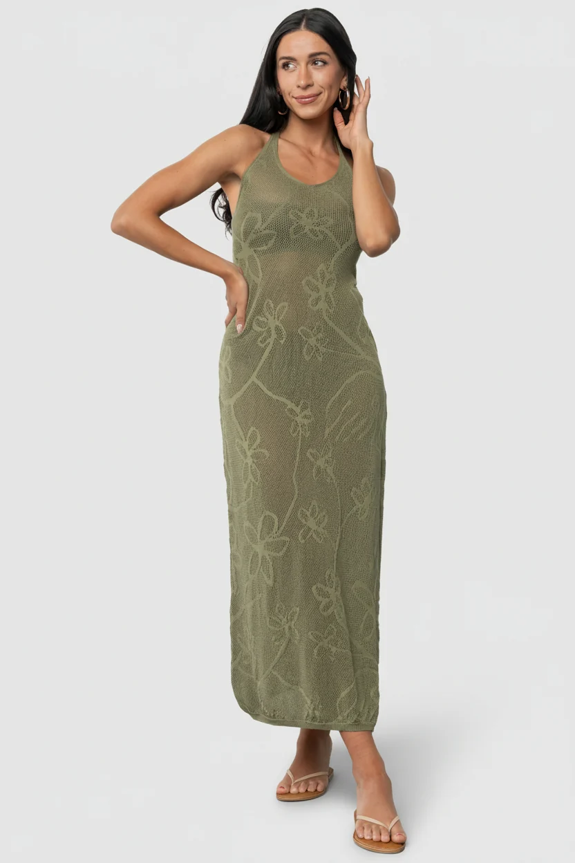 Estepona Crochet Halter Maxi Cover-Up, Olive 13 Estepona Crochet Halter Maxi Cover-Up, Olive