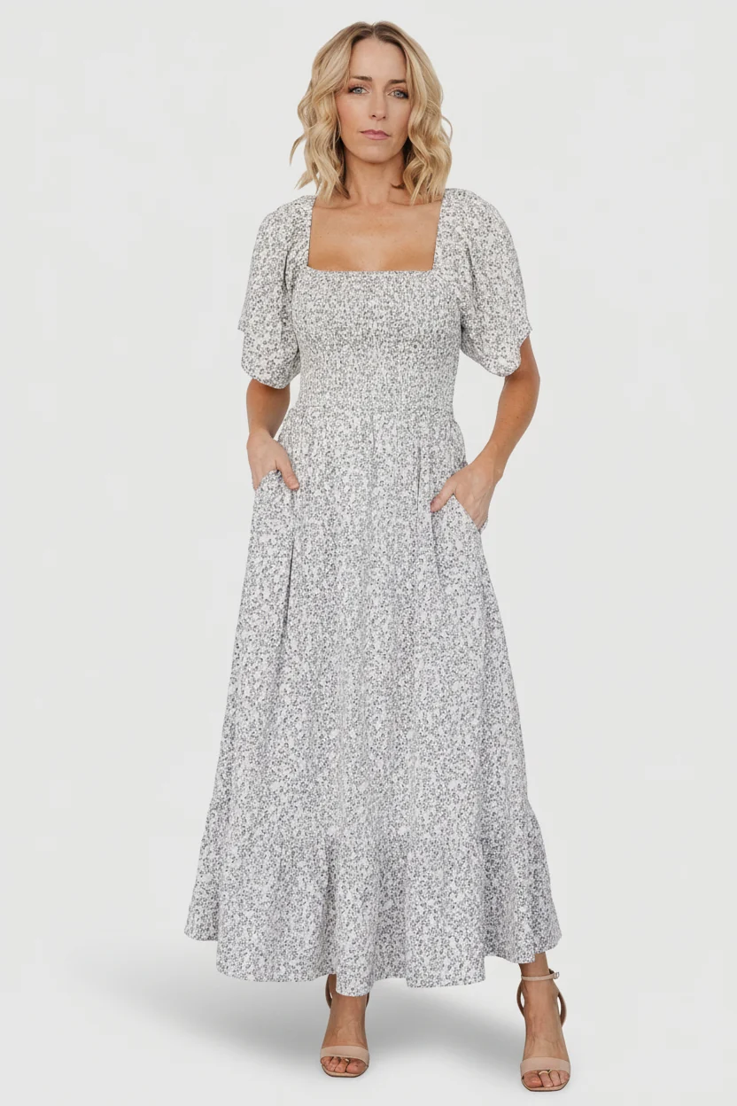 Cassis Smocked Midi Dress - Ivory Black Floral