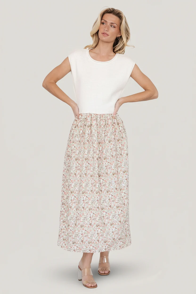 Myra Sweater Dress — Ivory & Coral Floral Midi
