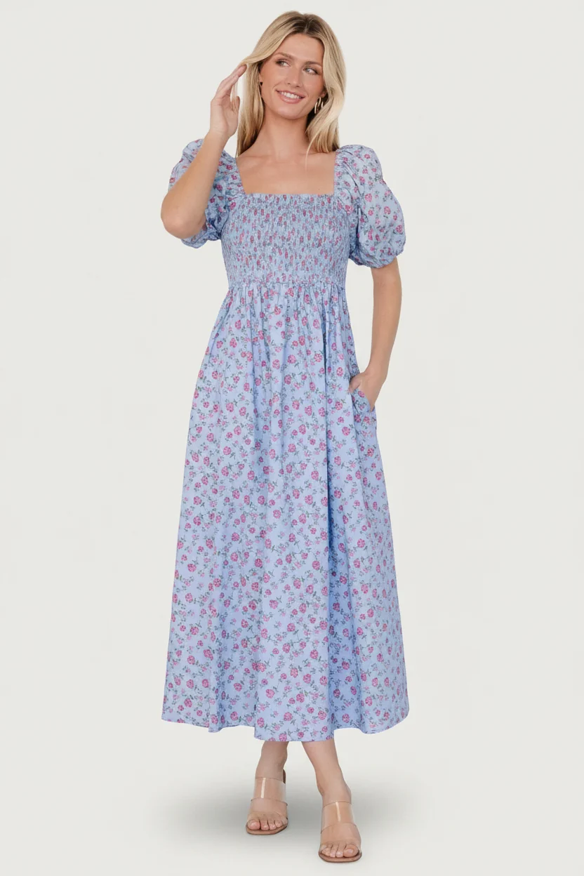 Haddie Smocked Midi Dress — Light Blue Floral