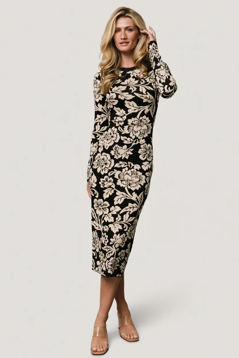 Marci Sweater Dress - Black & Ivory Floral