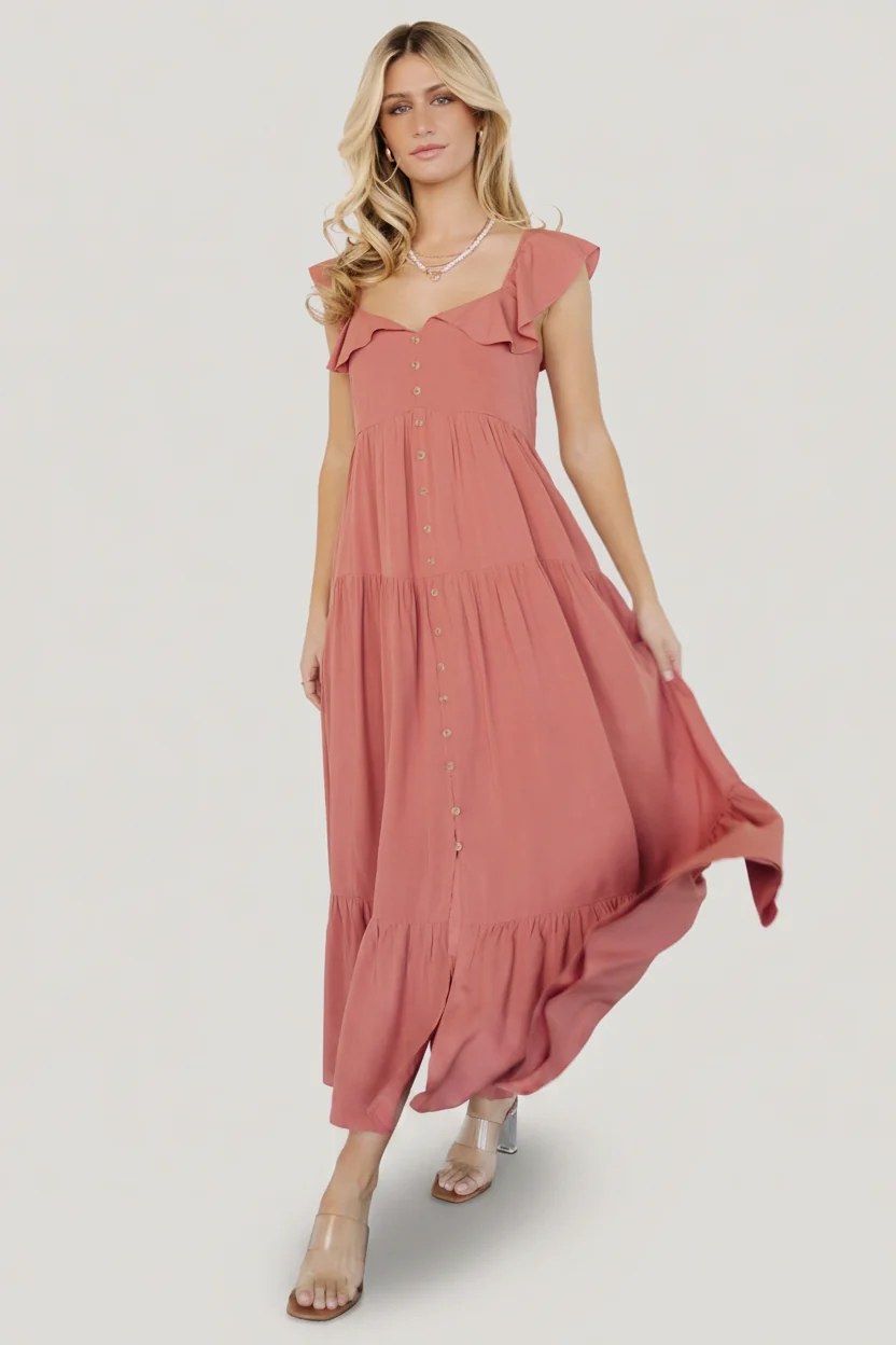 Ellie Terracotta Ruffle Maxi Dress with Pockets