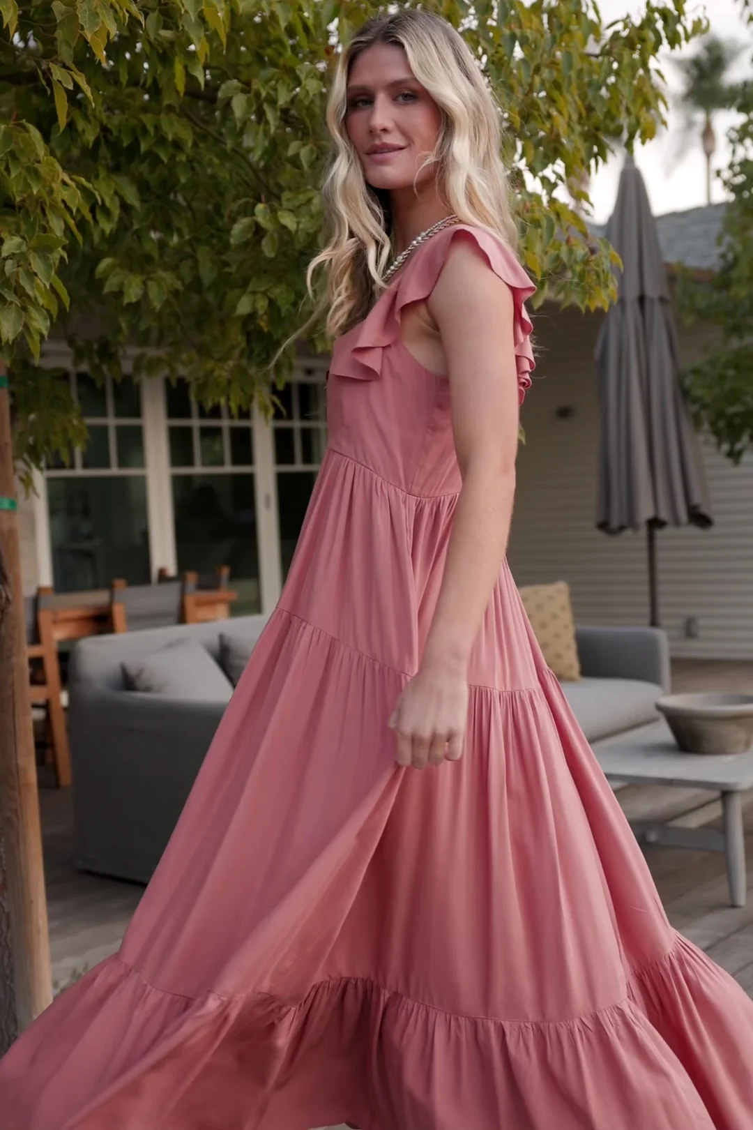 Ellie Terracotta Ruffle Maxi Dress with Pockets