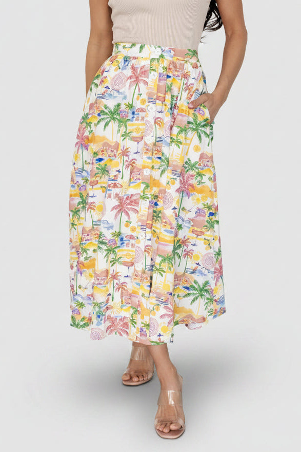 Gigi Button Midi Skirt - Off-White Multi Print