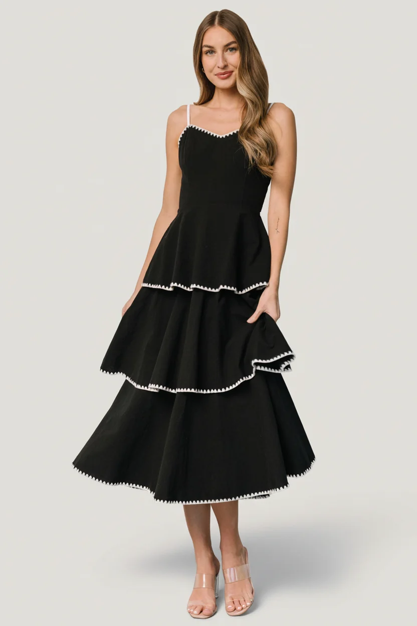 Odette Tiered Midi Dress — Black & White