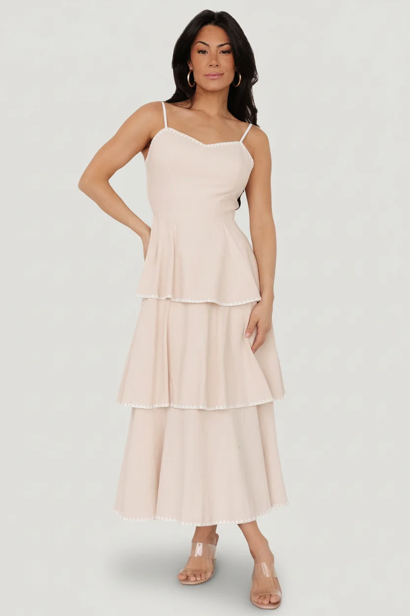 Odette Tiered Linen Midi Dress Natural White