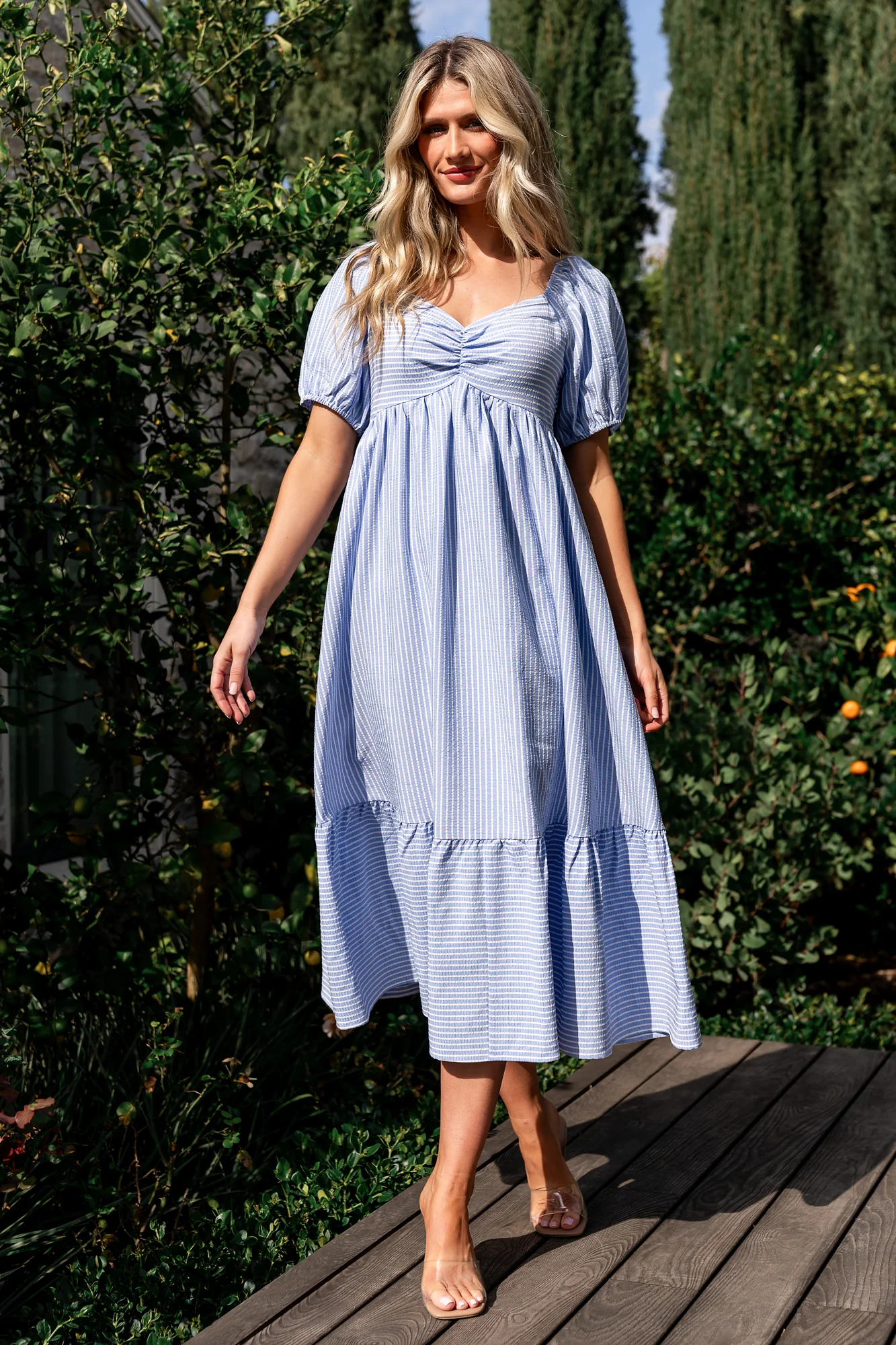 Poppy Midi Dress — Blue & Off-White Stripes