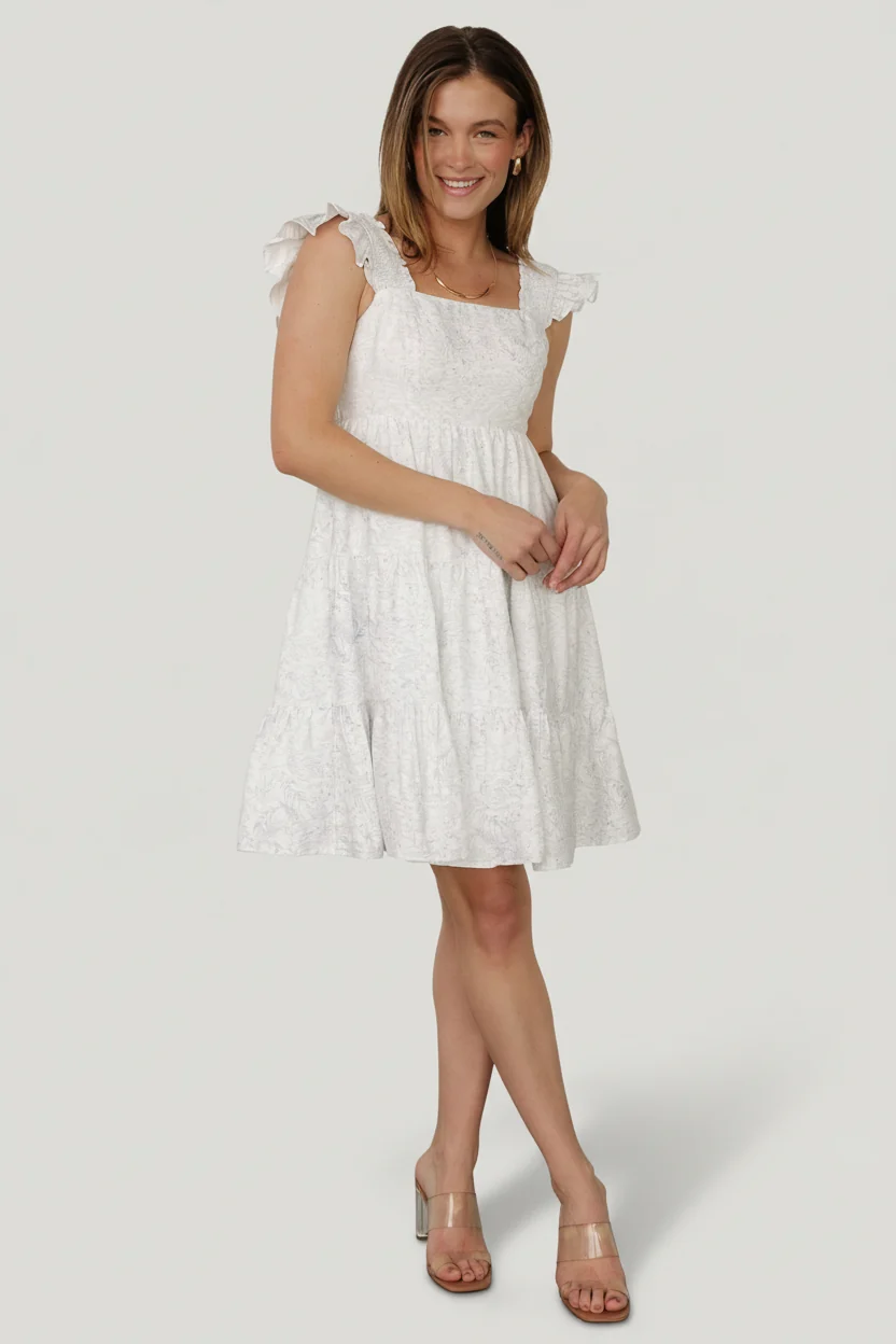 Suri Short Dress — Off White & Blue Floral